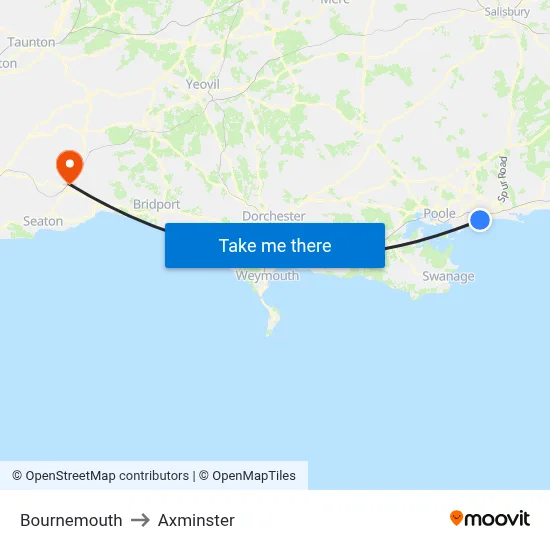 Bournemouth to Axminster map