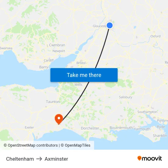 Cheltenham to Axminster map