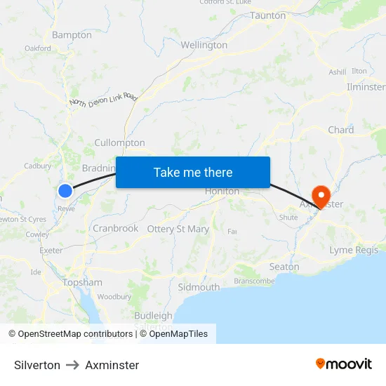 Silverton to Axminster map