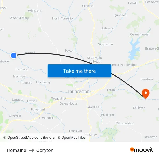 Tremaine to Coryton map