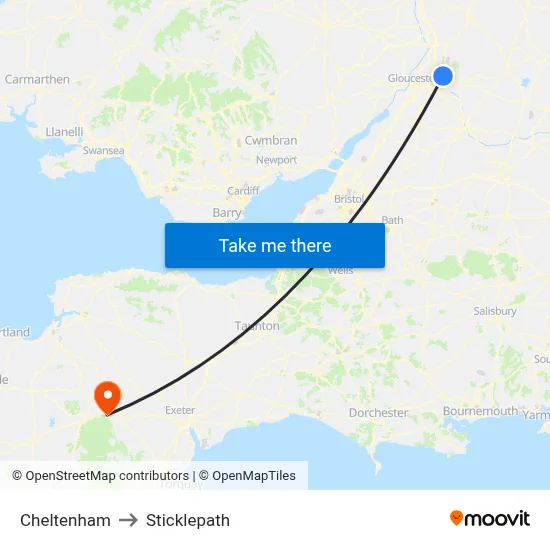 Cheltenham to Sticklepath map