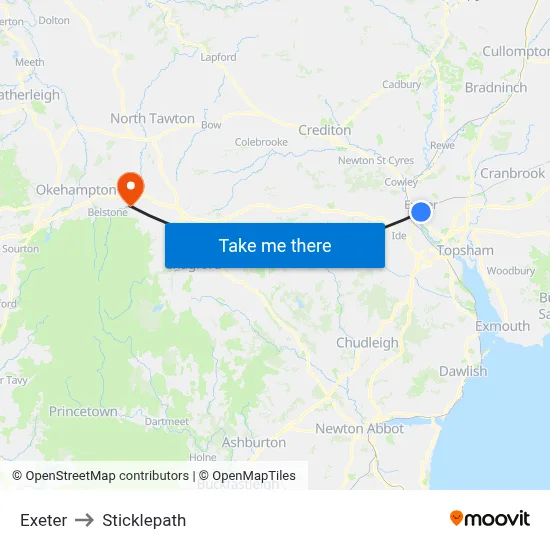 Exeter to Sticklepath map