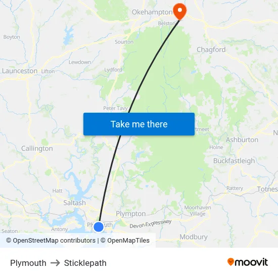 Plymouth to Sticklepath map
