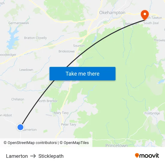 Lamerton to Sticklepath map