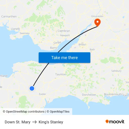 Down St. Mary to King's Stanley map