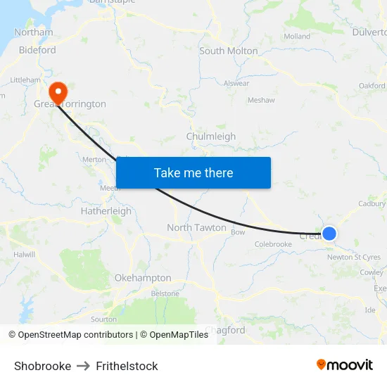 Shobrooke to Frithelstock map