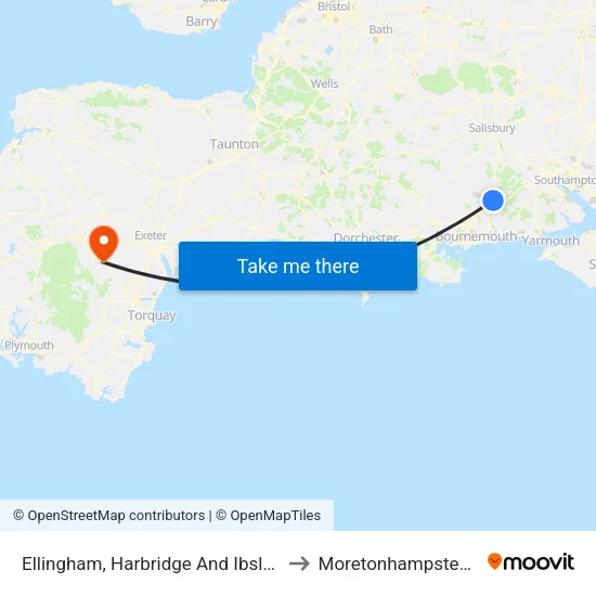 Ellingham, Harbridge And Ibsley to Moretonhampstead map