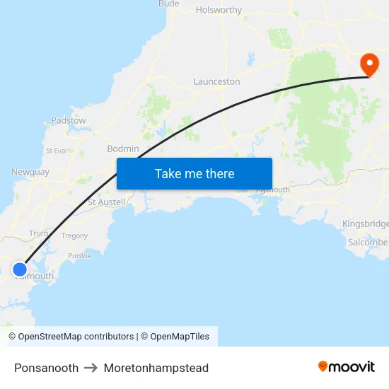 Ponsanooth to Moretonhampstead map