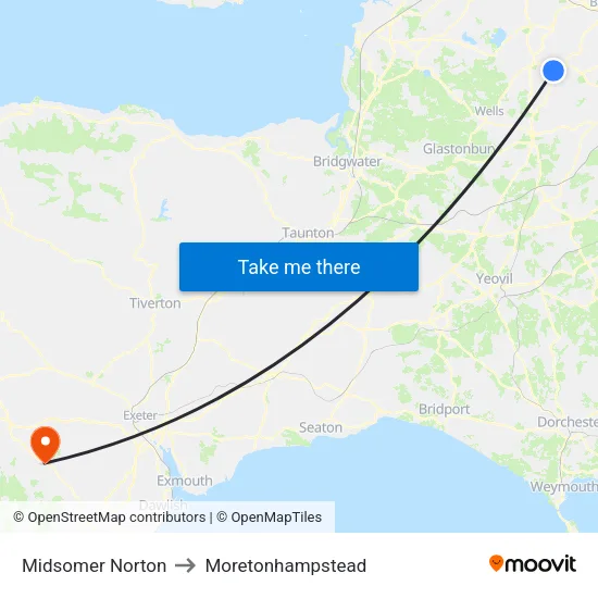 Midsomer Norton to Moretonhampstead map