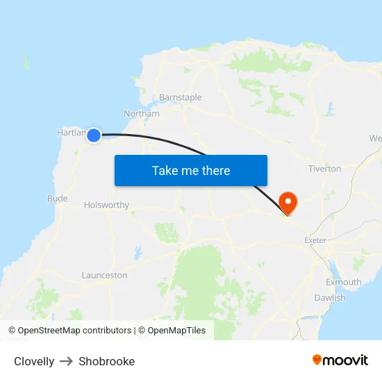 Clovelly to Shobrooke map