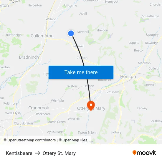 Kentisbeare to Ottery St. Mary map