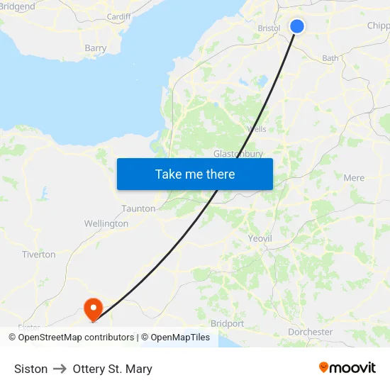 Siston to Ottery St. Mary map