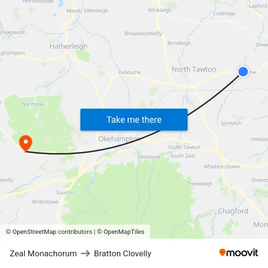 Zeal Monachorum to Bratton Clovelly map
