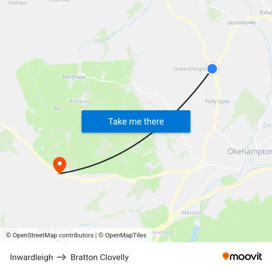 Inwardleigh to Bratton Clovelly map