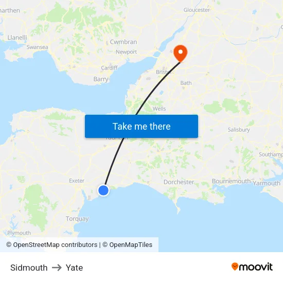 Sidmouth to Yate map