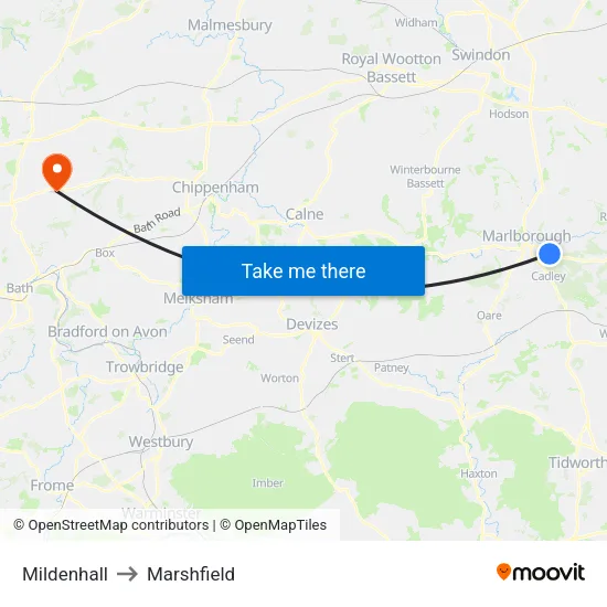 Mildenhall to Marshfield map