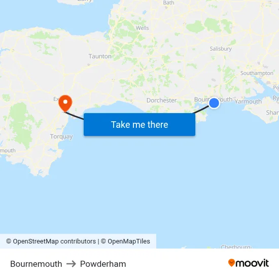 Bournemouth to Powderham map