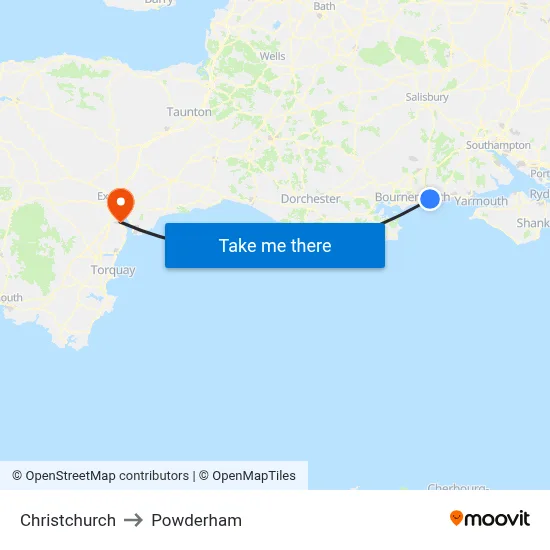 Christchurch to Powderham map