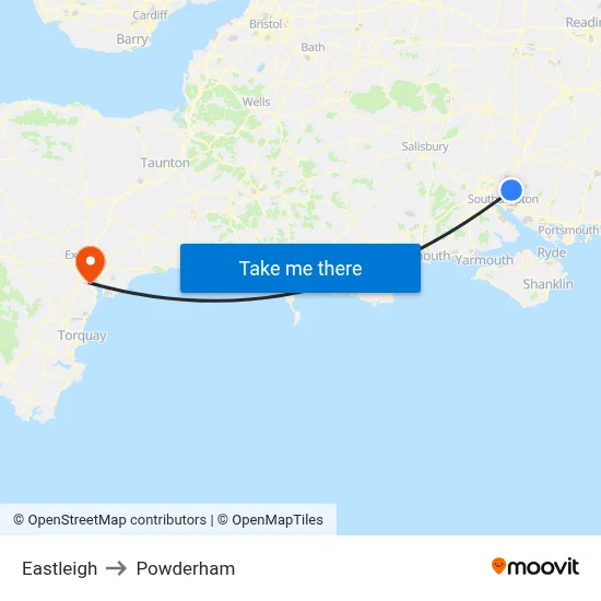 Eastleigh to Powderham map