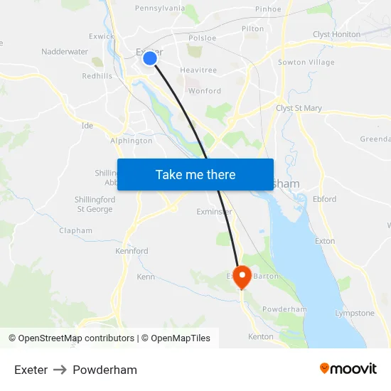 Exeter to Powderham map