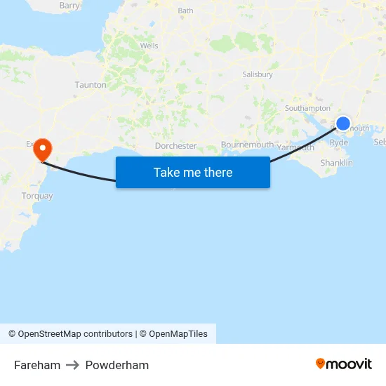 Fareham to Powderham map