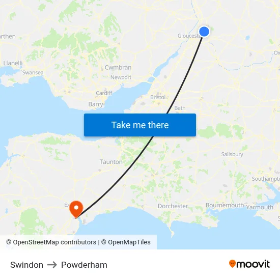 Swindon to Powderham map