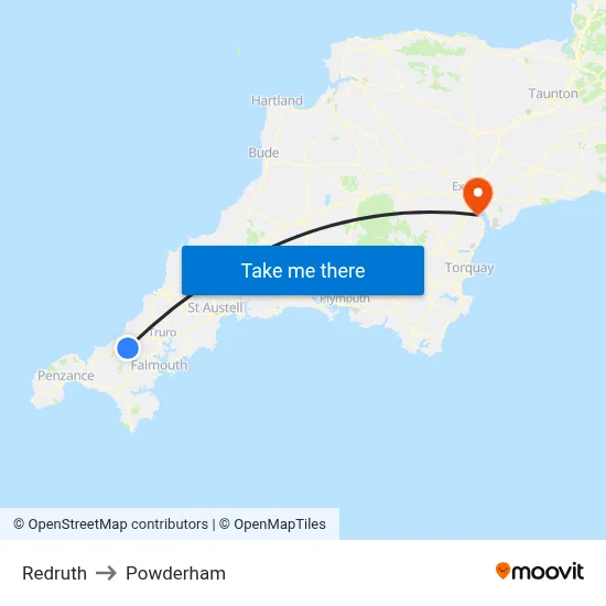Redruth to Powderham map