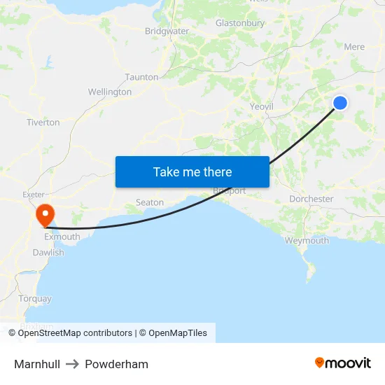 Marnhull to Powderham map
