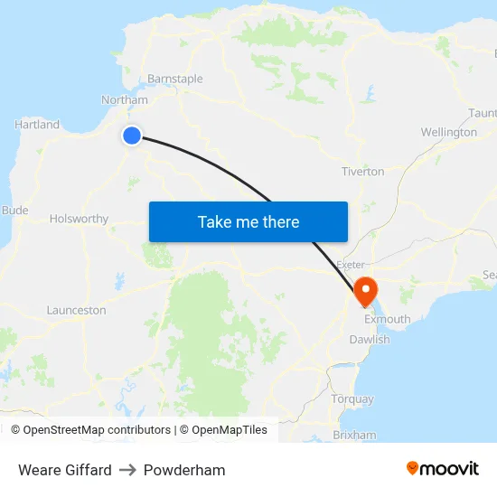 Weare Giffard to Powderham map