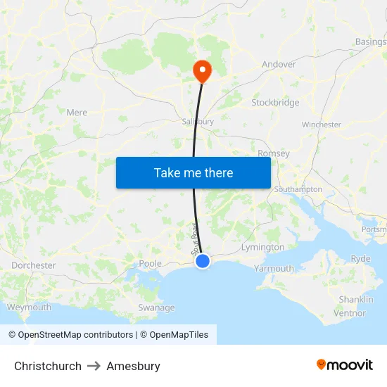 Christchurch to Amesbury map