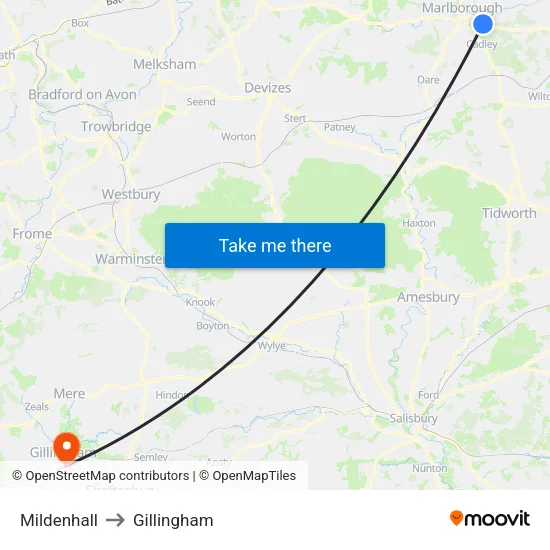 Mildenhall to Gillingham map