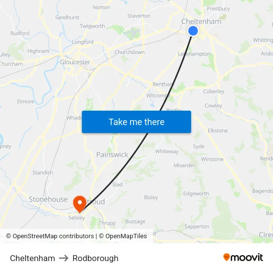 Cheltenham to Rodborough map