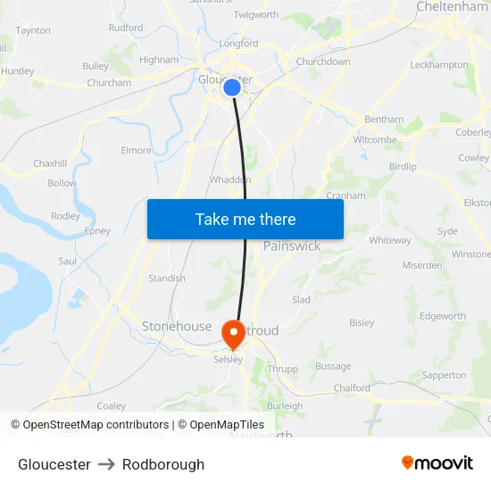 Gloucester to Rodborough map