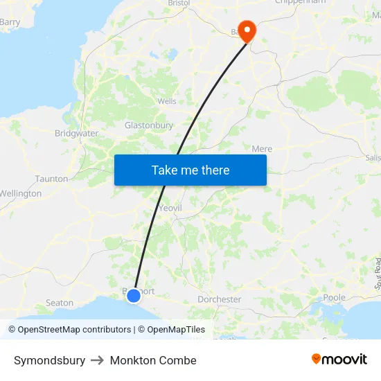Symondsbury to Monkton Combe map