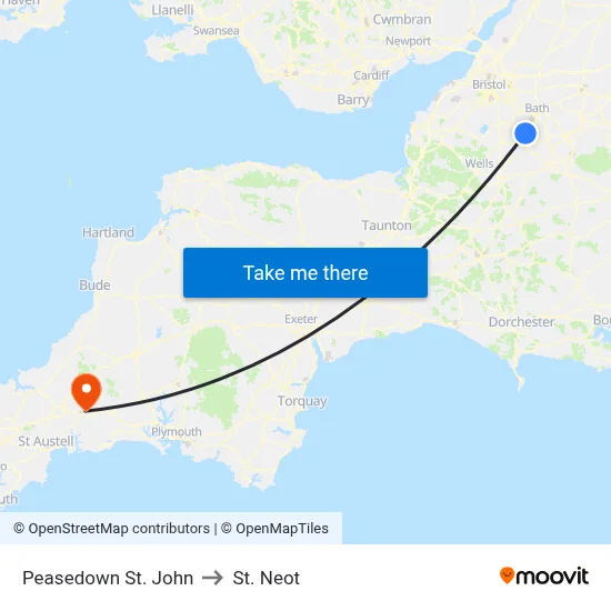 Peasedown St. John to St. Neot map