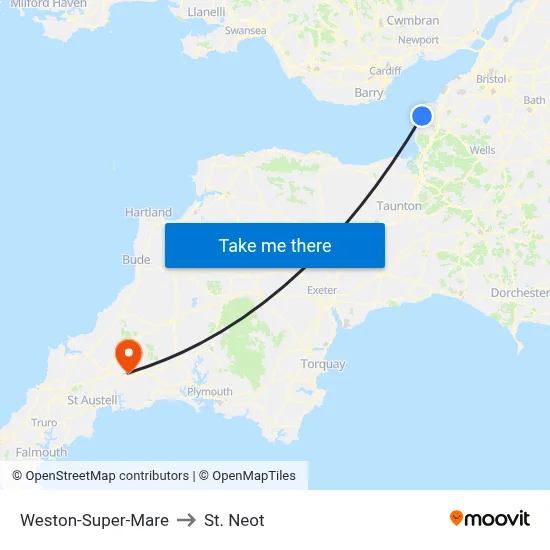 Weston-Super-Mare to St. Neot map