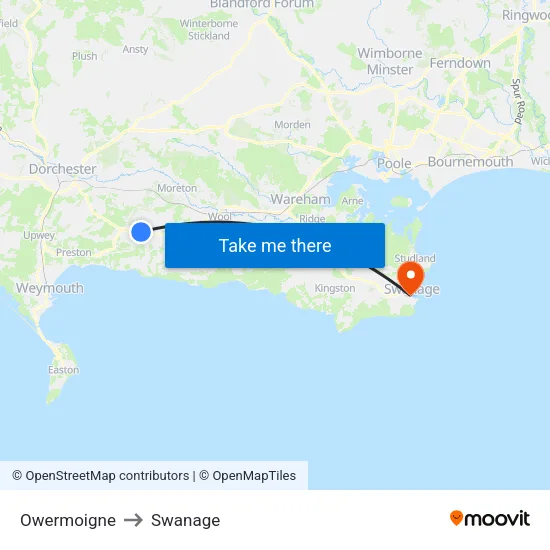 Owermoigne to Swanage map