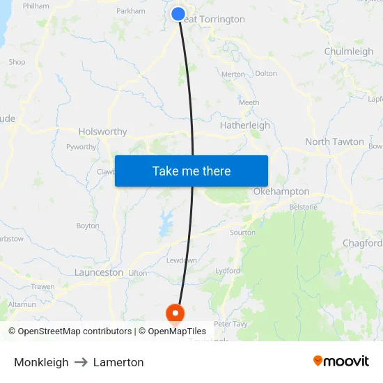 Monkleigh to Lamerton map