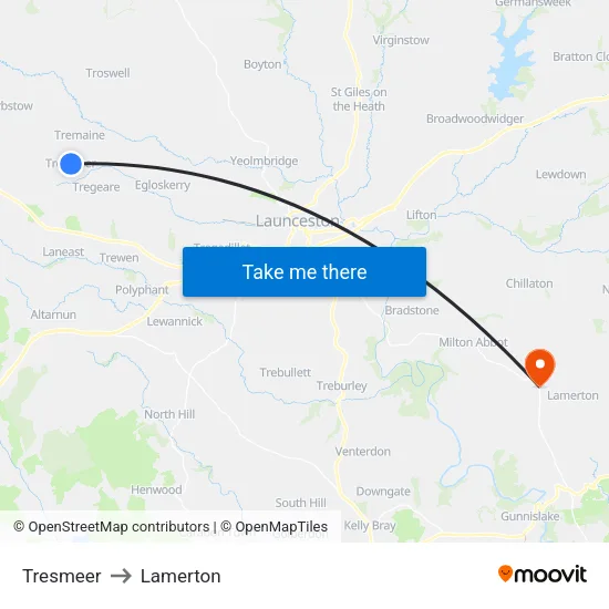 Tresmeer to Lamerton map