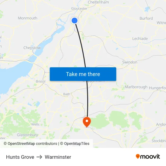 Hunts Grove to Warminster map