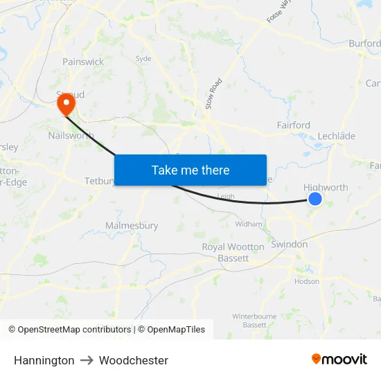 Hannington to Woodchester map