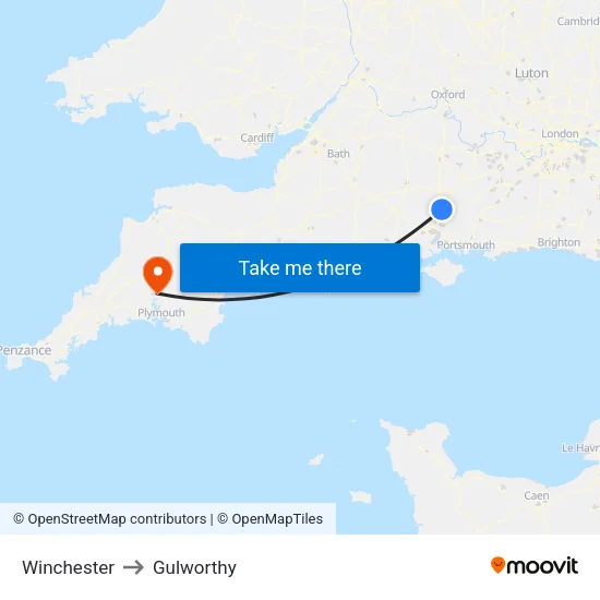 Winchester to Gulworthy map