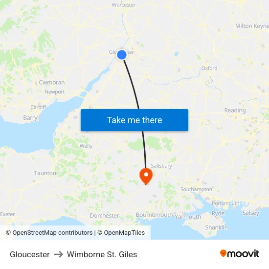 Gloucester to Wimborne St. Giles map