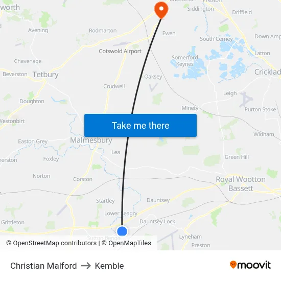 Christian Malford to Kemble map