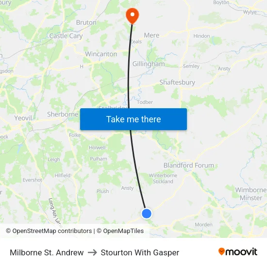 Milborne St. Andrew to Stourton With Gasper map