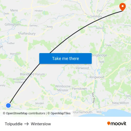 Tolpuddle to Winterslow map