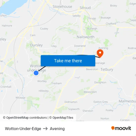 Wotton-Under-Edge to Avening map