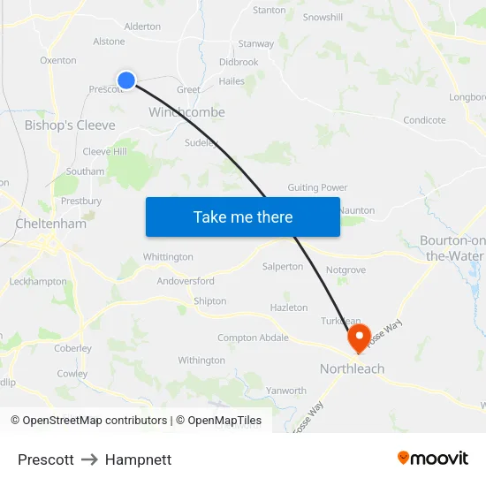 Prescott to Hampnett map