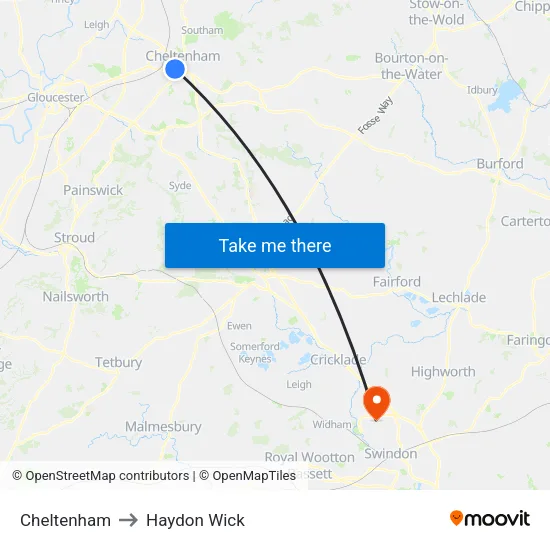 Cheltenham to Haydon Wick map