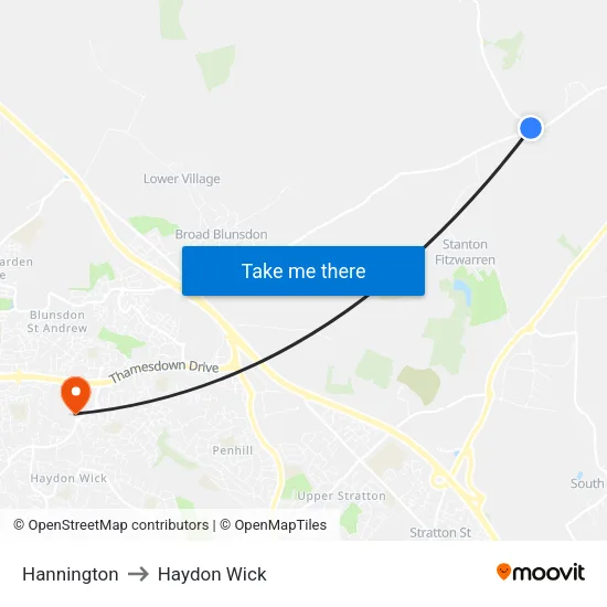 Hannington to Haydon Wick map
